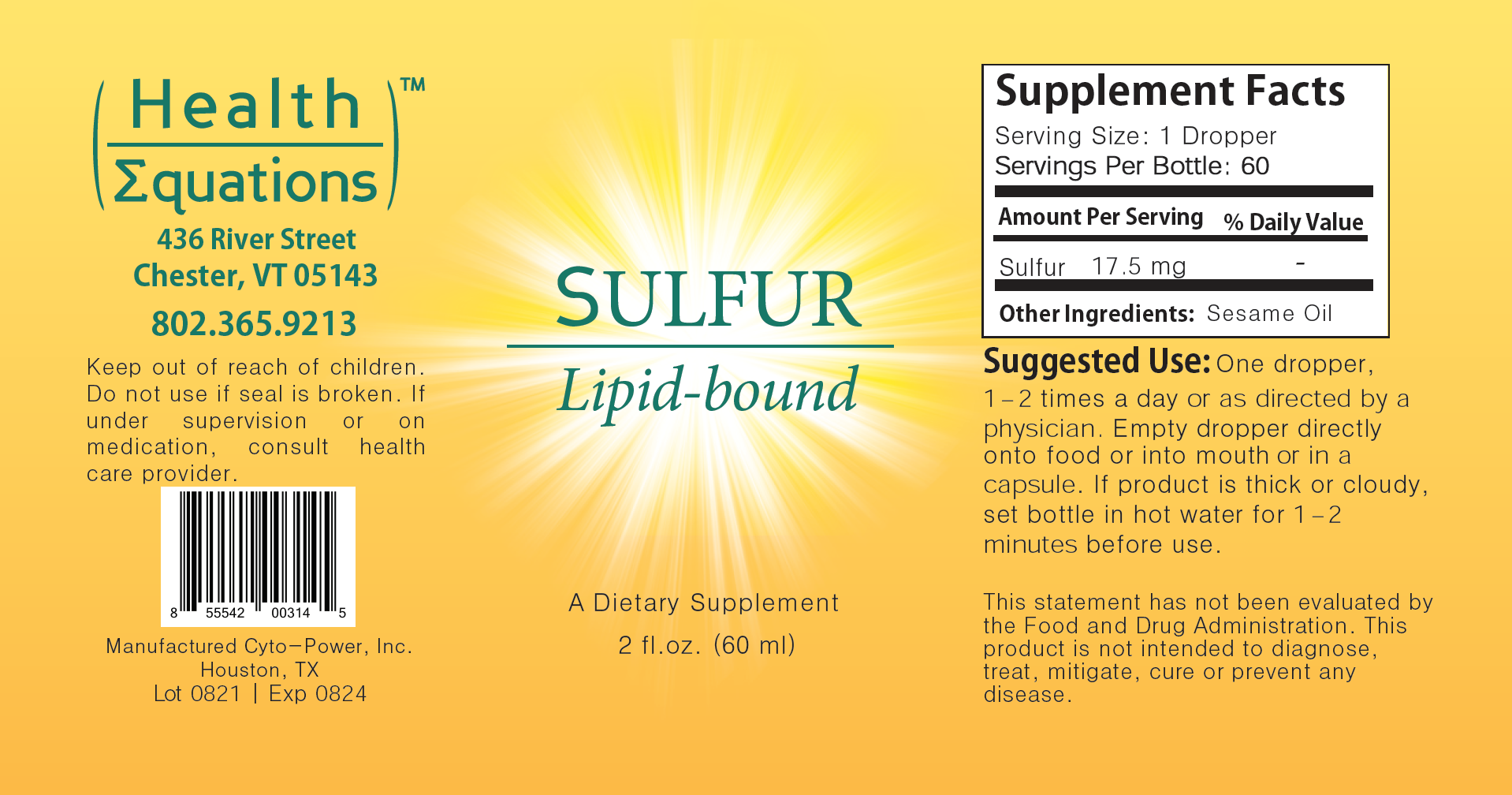 Lb Sulfur label by Health Equations